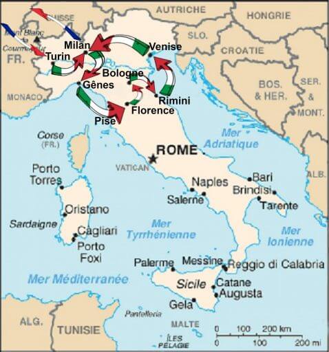 Carte de l'itinéraire en Italie du Nord en train