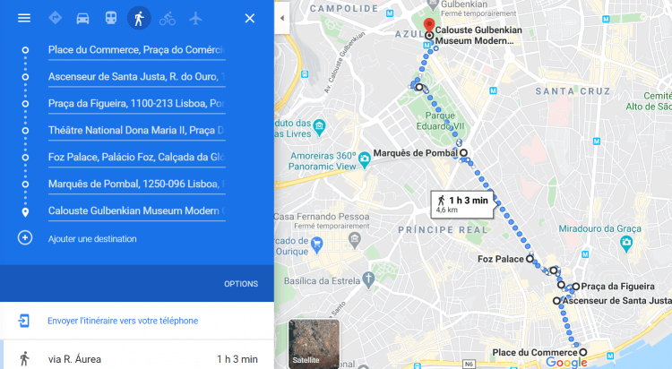 Tracé de la randonnée de Baixa aux avenidas novas à Lisbonne