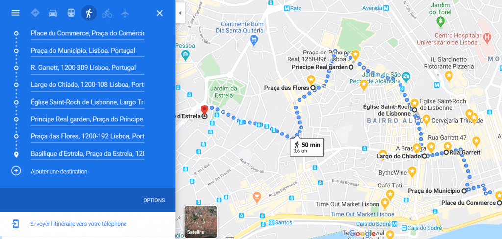 Tracé de la randonnée urbain Chiado Bairro Alto et Estrela à Lisbonne